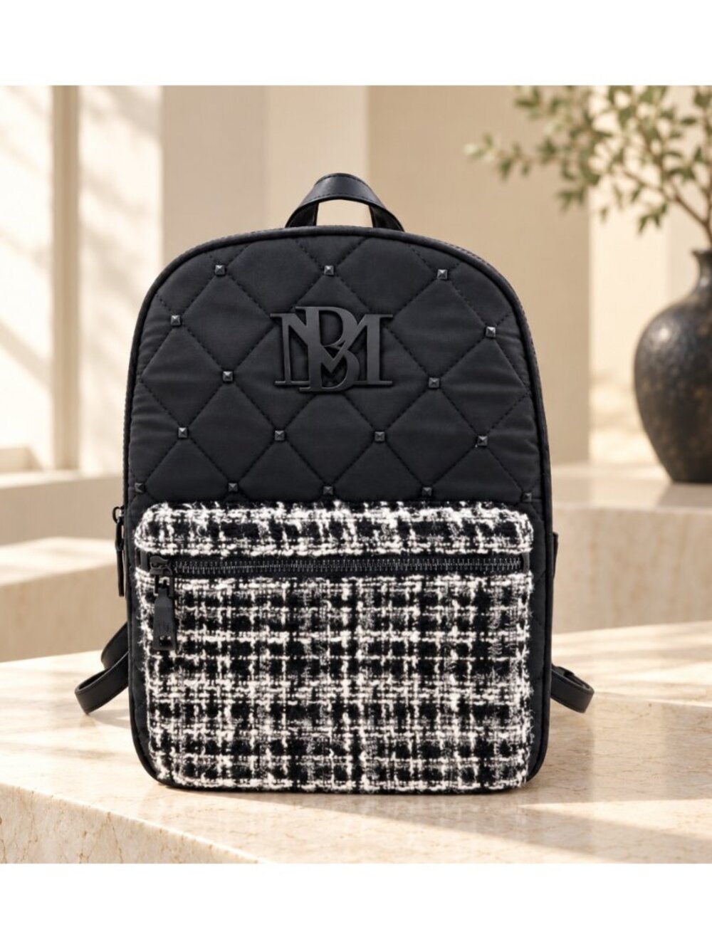 Badgley Mischka BM-4106 Black Diamond Quilted Nylon Studded Backpack NWT